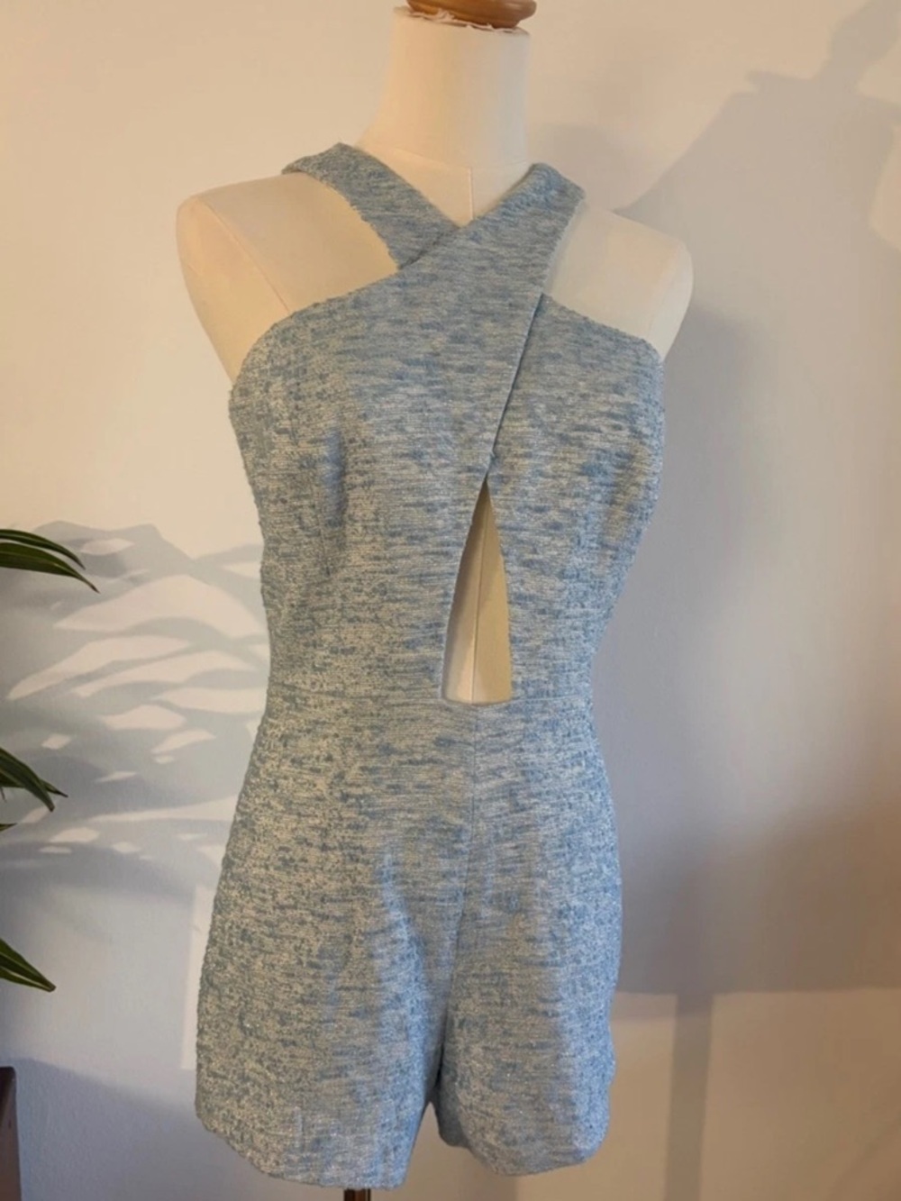 Jay Godfrey Sleeveless Cross-Front Heathered Light Blue Romper